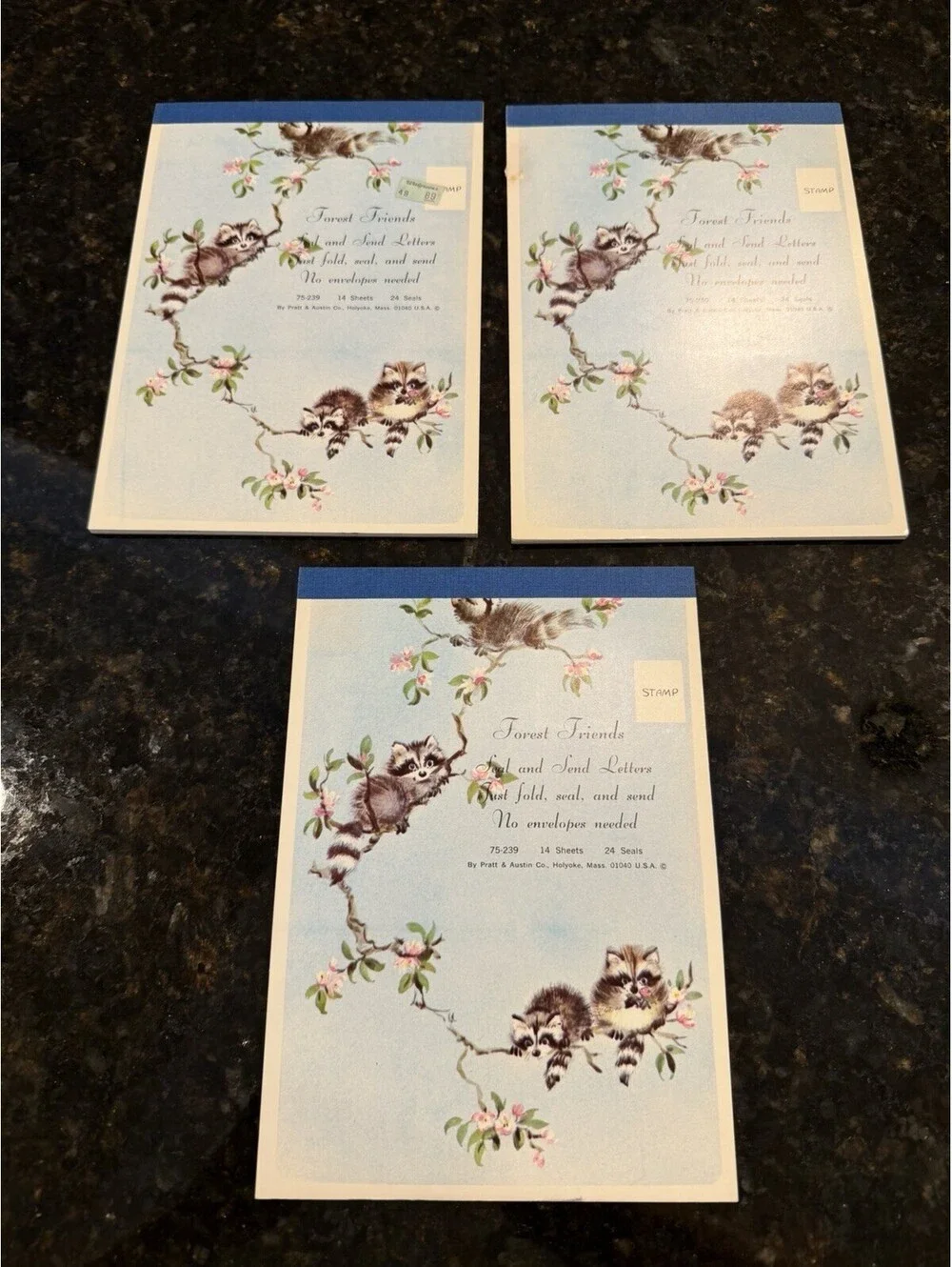 Vtg Pratt Austin’s Forest Friends Seal & Send Stationary Raccoons Set Of 3 New